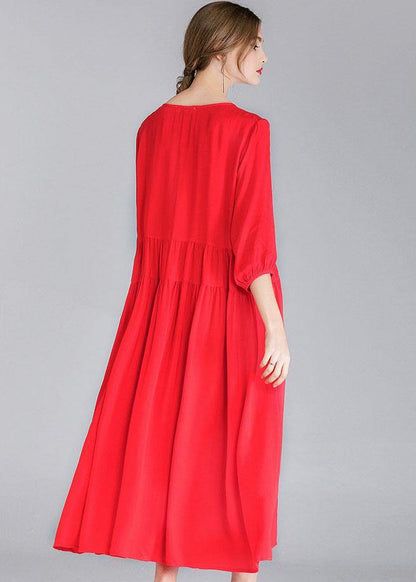 Red Loose Wrinkled Spring Holiday Dress Three Quarter Sleeve