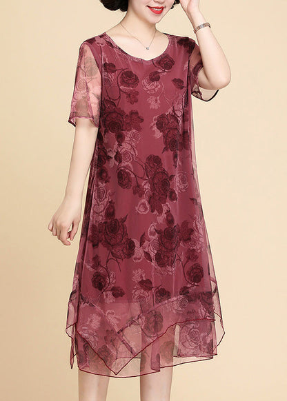 Red O-neck Asymmetrical Long Dresses Short Sleeve