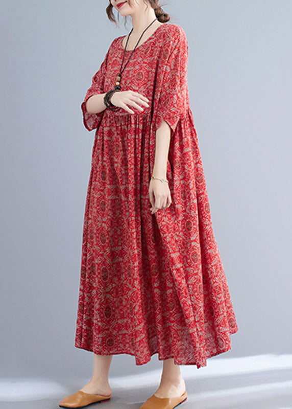 Red O-neck Print Maxi Dress Summer