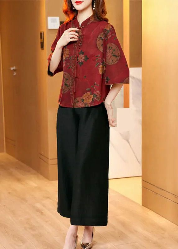 Red Oriental Silk Shirt and Wide Leg Pants Two Piece Set Button Summer