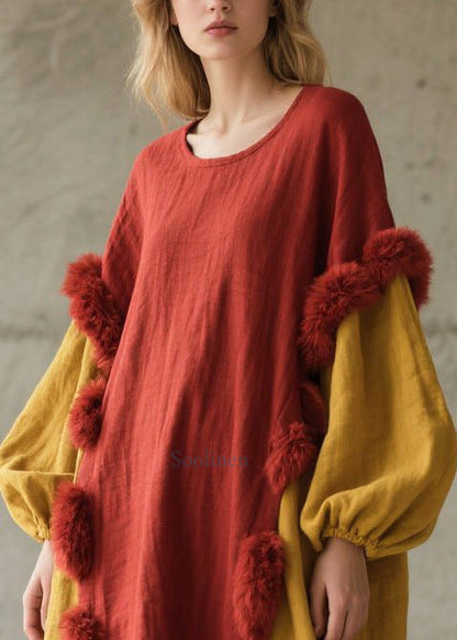 Red Patchwork Long Dress Oversized Fuzzy Ball Decorated Fall