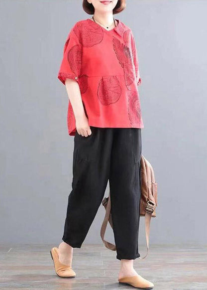 Red Patchwork Pockets Top and Crop Pants Two Piece Set Summer