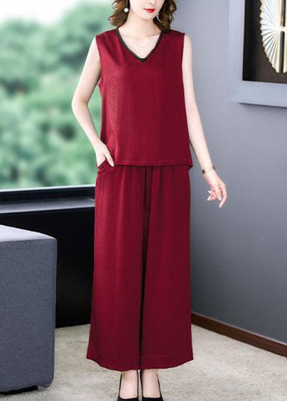 Red Patchwork Silk Tops and Pants Two Piece Set V Neck Sleeveless