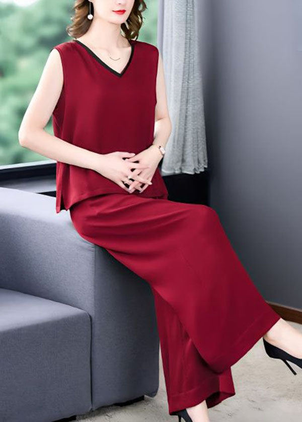 Red Patchwork Silk Tops and Pants Two Piece Set V Neck Sleeveless
