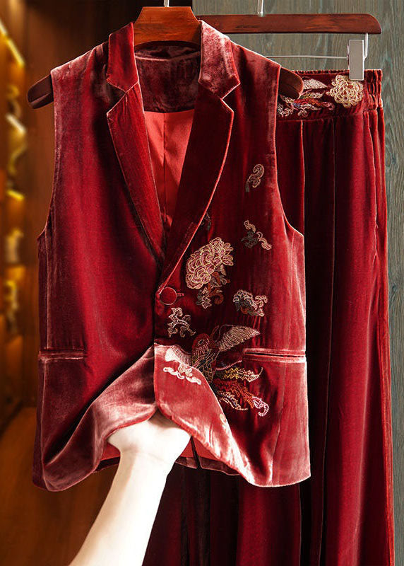 Red Patchwork Velour Two Piece Tops and Pants Print Spring