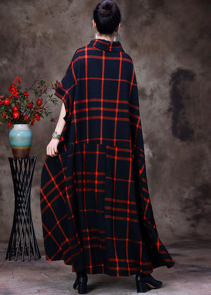 Red Plaid Cotton Long Dress Asymmetrical Design Pockets Short Sleeve