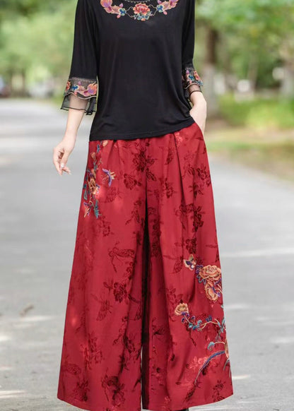 Red Pockets Jacquard Silk Pants Elastic Waist Fall