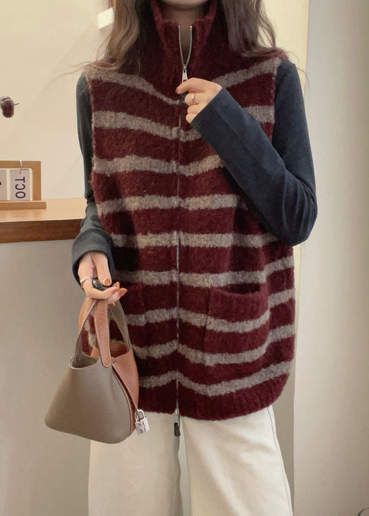 Red Pockets Patchwork Knit Sleeveless Waistcoat Zip Up