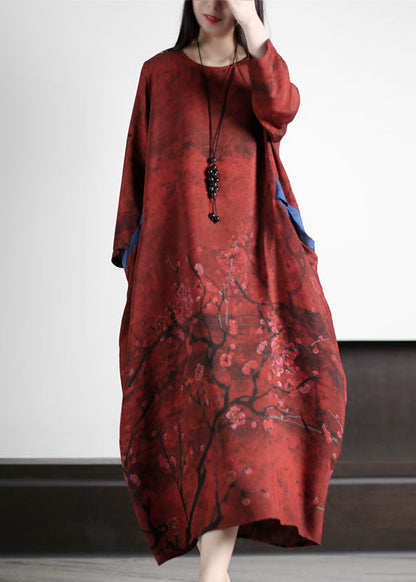 Red Pockets Print Patchwork Silk Long Dresses O Neck Summer