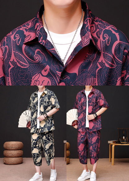 Red Print Button Ice Silk Shirt and Crop Pants Two Piece Set Summer