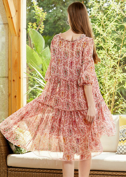 Red Print Chiffon a Line Dresses V Neck Lantern Sleeve