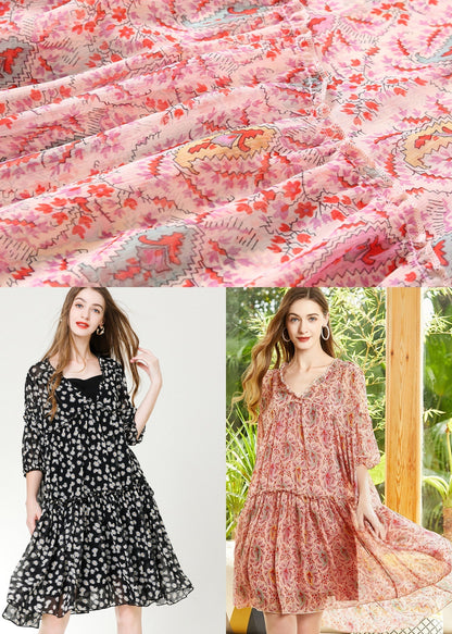 Red Print Chiffon a Line Dresses V Neck Lantern Sleeve