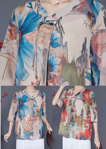 Red Print Chiffon Shirts Oversized Tassel Half Sleeve