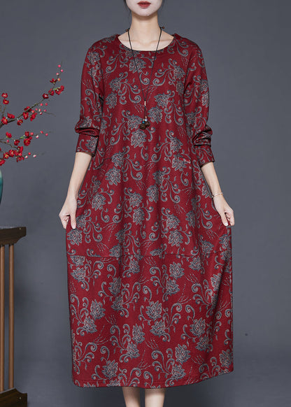 Red Print Cotton Long Dresses O-neck Oversized Fall