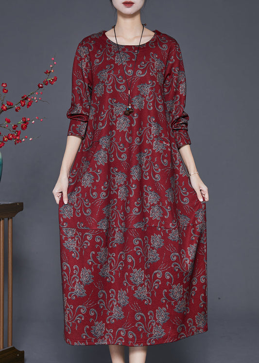 Red Print Cotton Long Dresses O-neck Oversized Fall