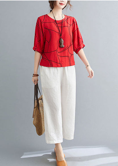 Red Print Cotton Tank Tops O-neck Oversized Lantern Sleeve