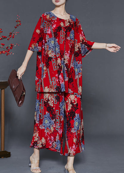 Red Print Cotton Sets 2 Pieces Oversized Summer