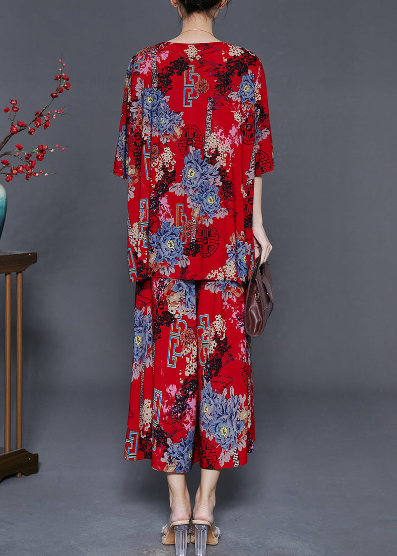 Red Print Cotton Sets 2 Pieces Oversized Summer