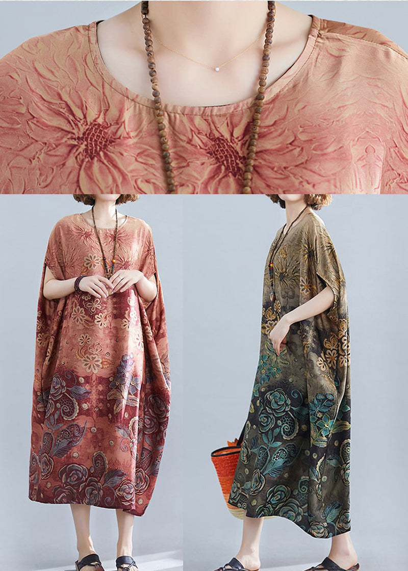 Red Print Draping Silk Loose Dresses O-neck Short Sleeve