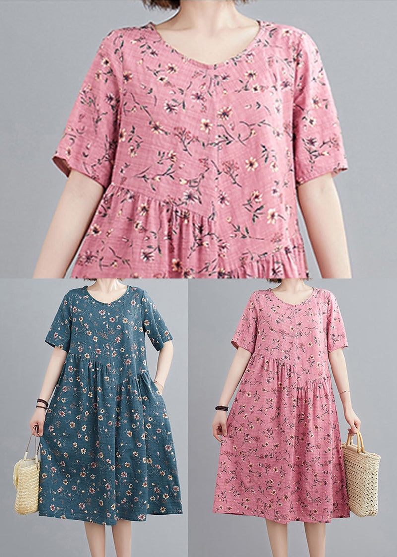 Red Print Linen Holiday Dresses Wrinkled O-neck Short Sleeve