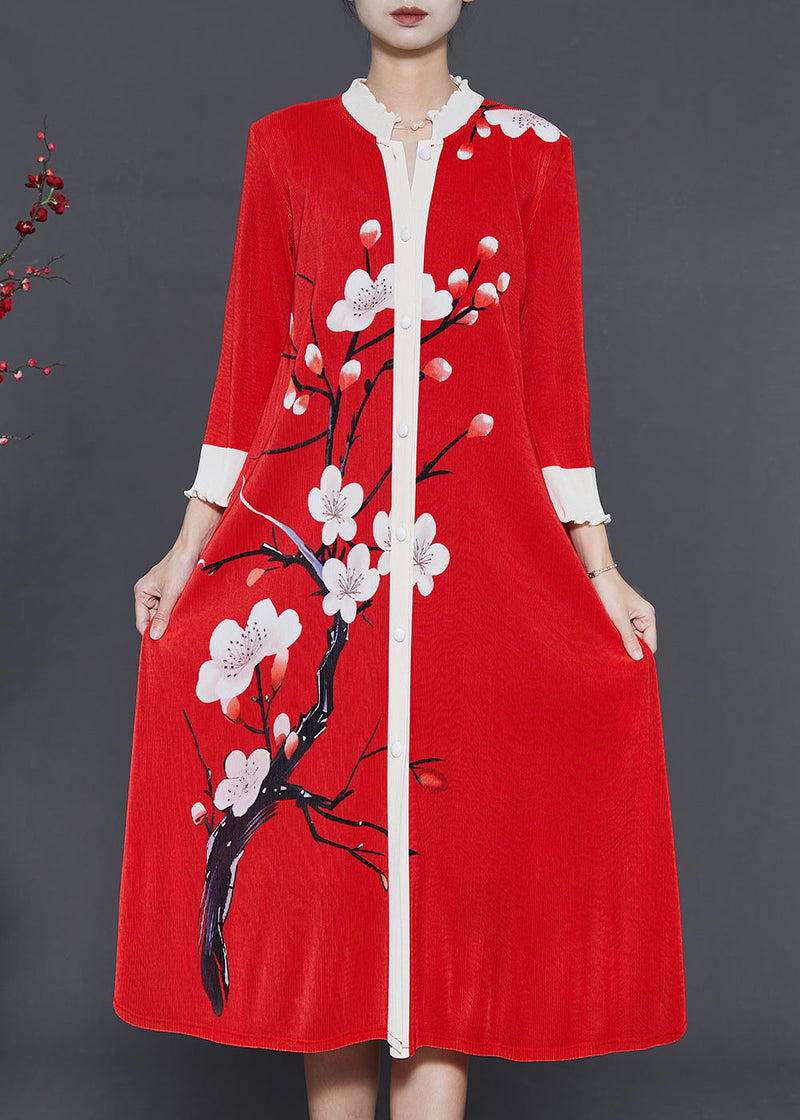 Red Print Patchwork Silk Shirt Dress Oversized Fall