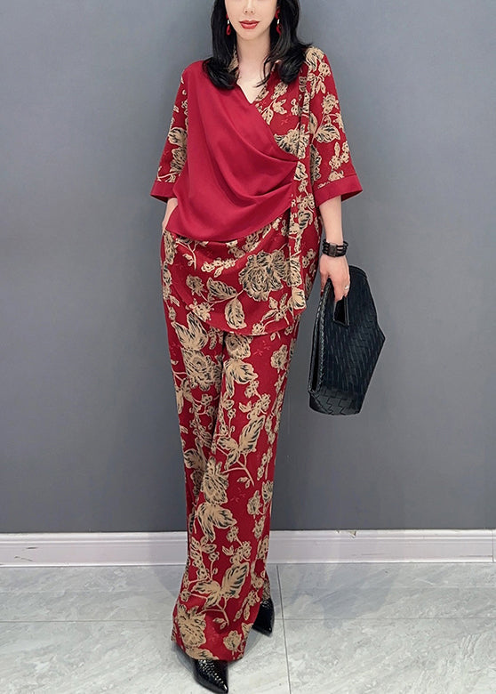 Red Print Patchwork Top and Wide Leg Pants Two Pieces Set Long Sleeve