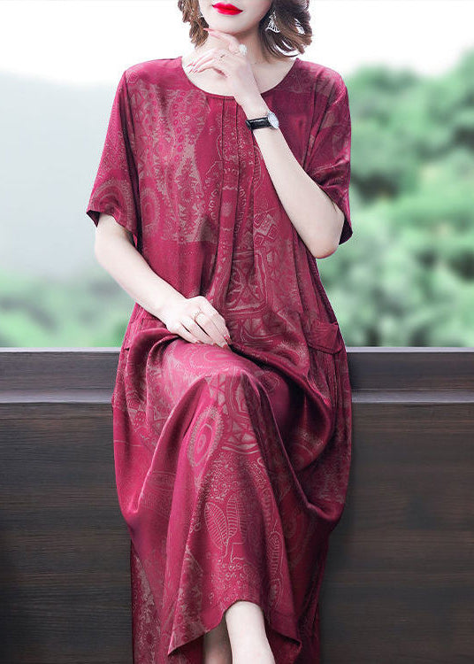 Green-flower Print Silk Long Dress Oversized Pockets Wrinkled Summer
