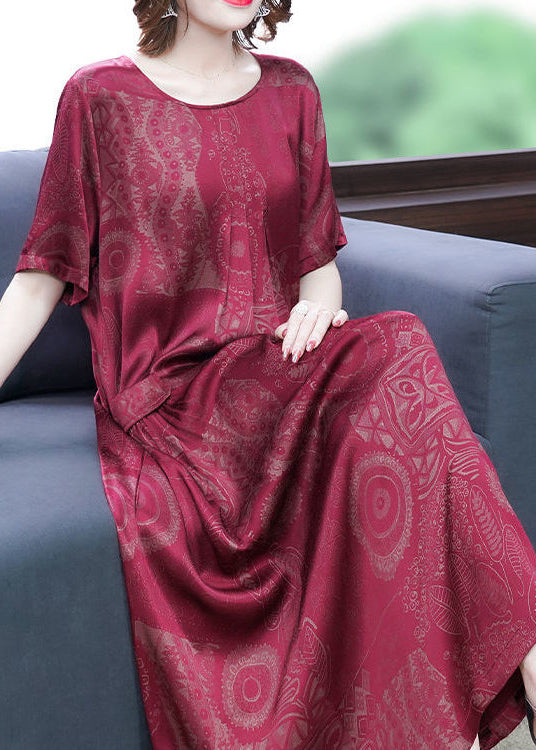 Green-flower Print Silk Long Dress Oversized Pockets Wrinkled Summer
