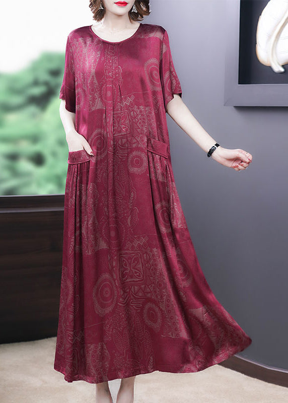 Green-flower Print Silk Long Dress Oversized Pockets Wrinkled Summer