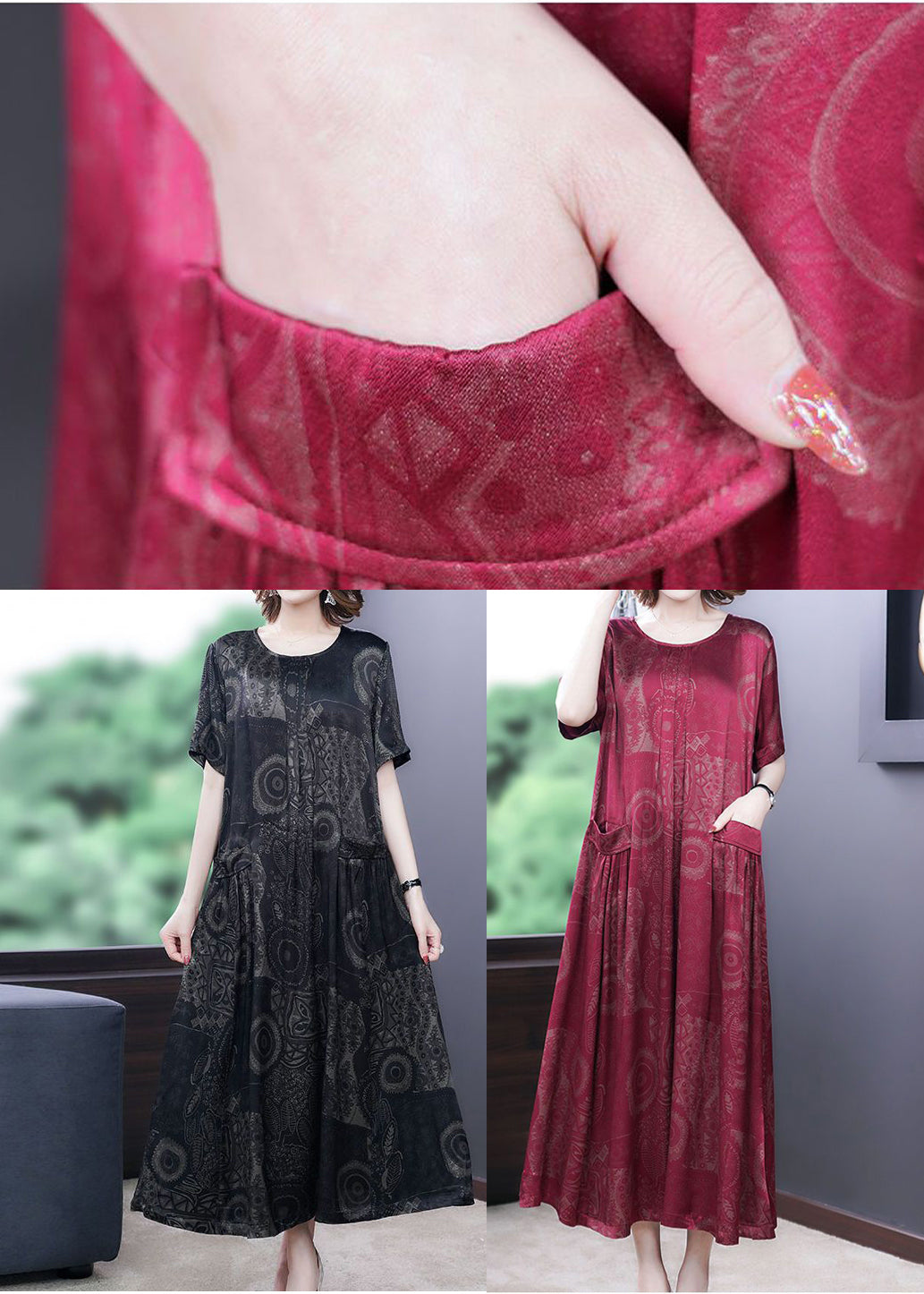 Green-flower Print Silk Long Dress Oversized Pockets Wrinkled Summer