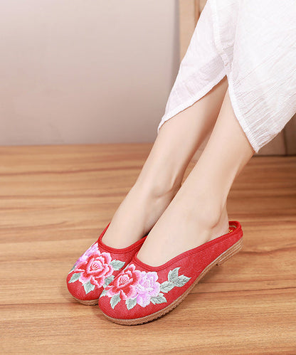 Red Slide Sandals Embroideried Linen Fabric Slides for