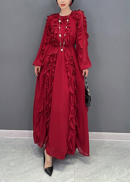 Red Slim Fit Chiffon Long Dresses O-neck Ruffles Spring