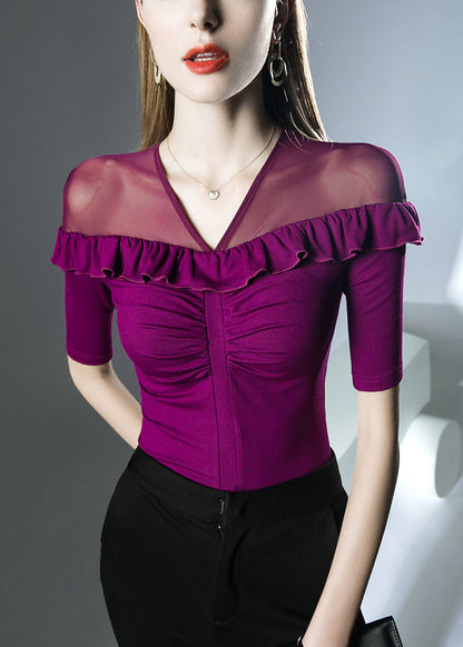 Red Patchwork Cotton T Shirts V Neck Summer