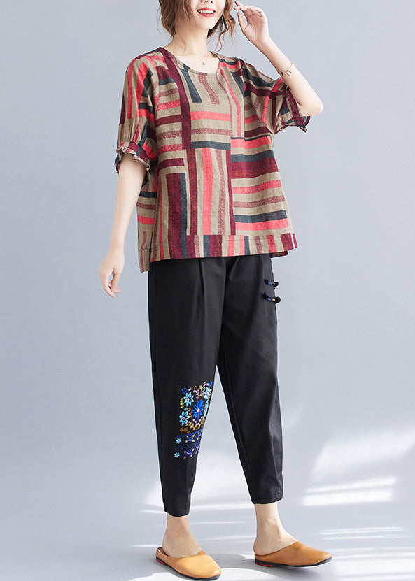 Red Striped Linen Blouses Oversized O-neck Summer