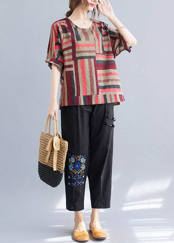 Red Striped Linen Blouses Oversized O-neck Summer