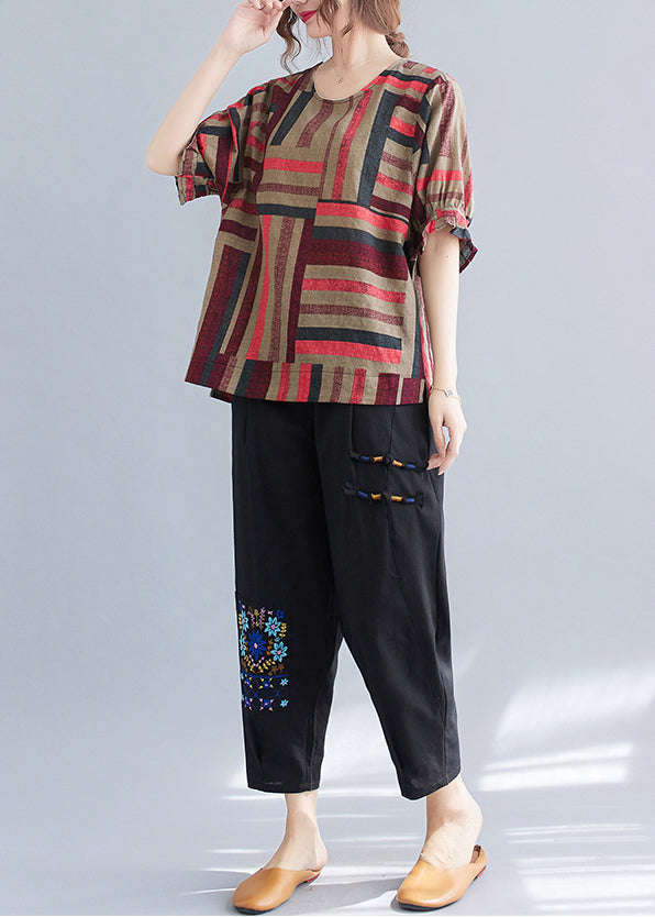 Red Striped Linen Blouses Oversized O-neck Summer