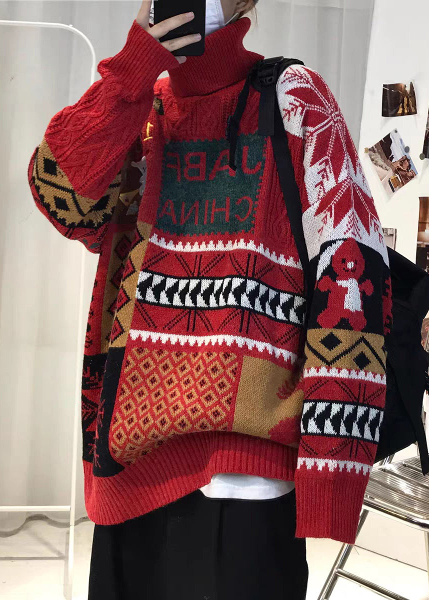 Red Thick Patchwork Knit Sweaters Turtleneck