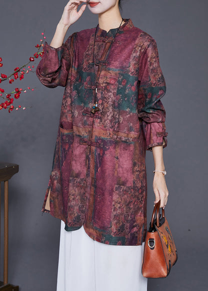 Red Tie Dye Linen Long Shirts Chinese Button Fall