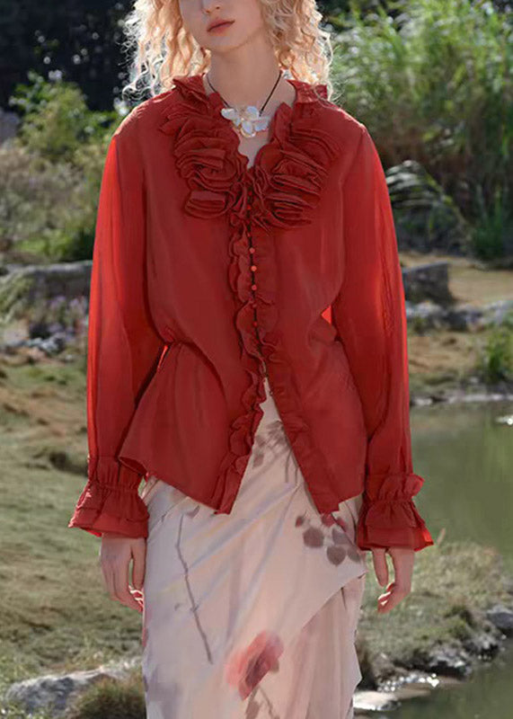 Red V Neck Butto Solid Tops Spring