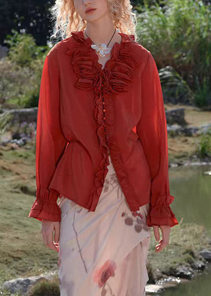 Red V Neck Butto Solid Tops Spring