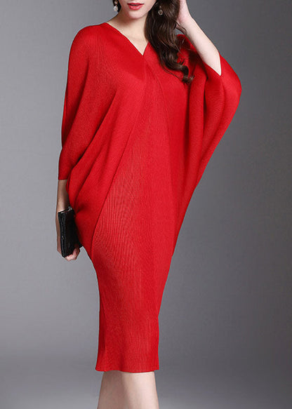 Red V-neck Slim Hip Dress Half Sleeve