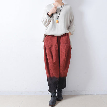 Red Gradient Linen Harem Pants Oversized Elastic Waist Cotton Pants Trousers