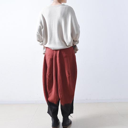 Red Gradient Linen Harem Pants Oversized Elastic Waist Cotton Pants Trousers