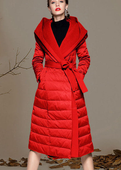 Red Hooded Patchwork Slim Fit Winter Duck Down Coats