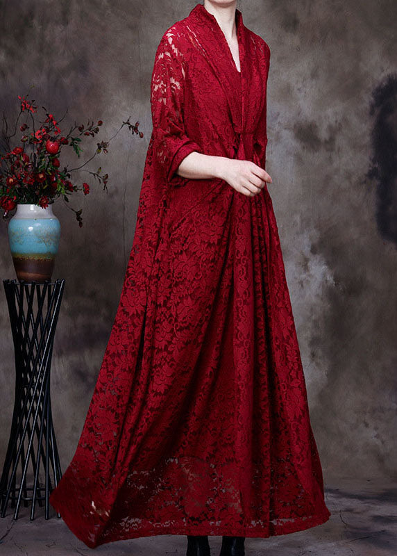 Red Lace Maxi Dresses Hollow Out Long Sleeve