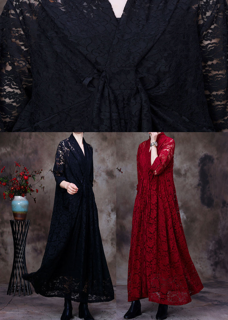Red Lace Maxi Dresses Hollow Out Long Sleeve