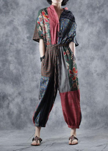 Red Printed Jumpsuit Tie Waist Loose Wide Leg Pants