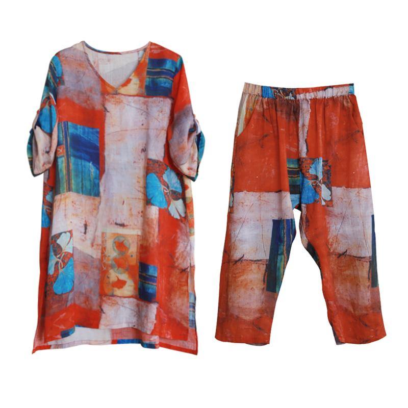 Red Printed Suit Loose Mid-length Shirt Two-piece Suit