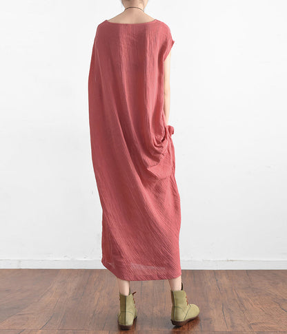Red Summer Linen Dresses Side Draping Caftans Oversized Sleeveless Sundress