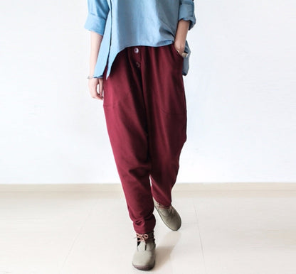 Red Winter Pants Warm Thick Carrot Pants Oversized Elastic Waist Harem Pants